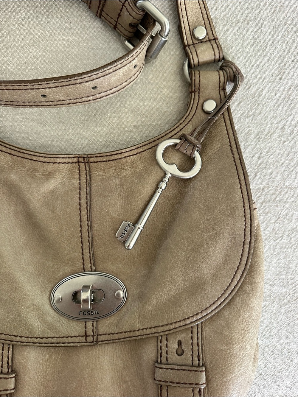 Fossil Taupe Leather Shoulder Bag with Key Charm